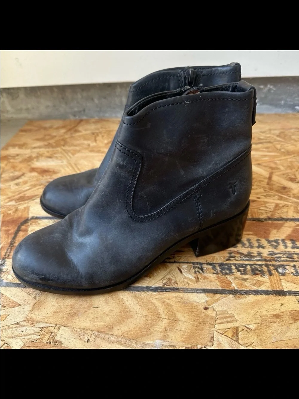 Frye Black Leather Ankle Booties with Stacked Heel